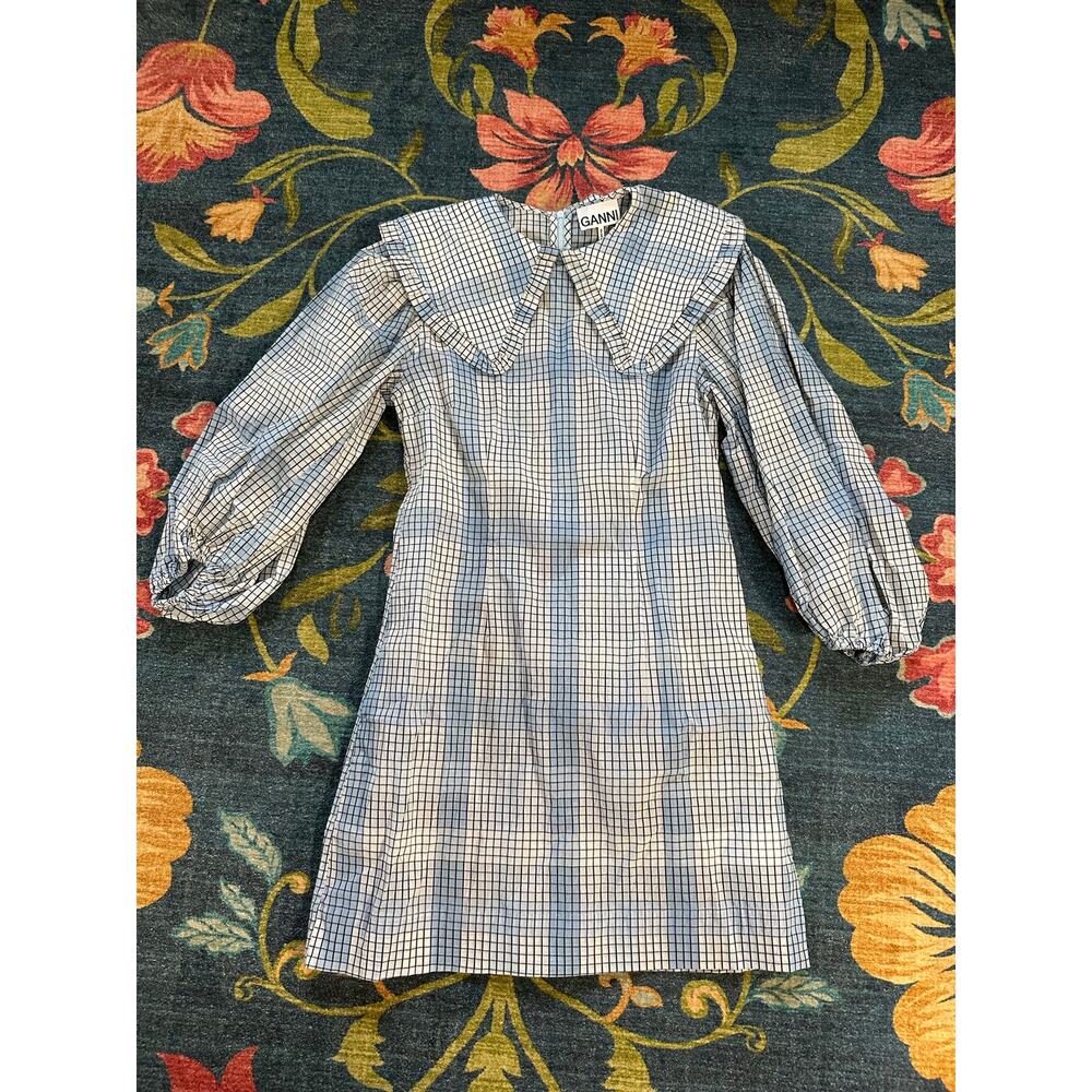 GANNI Blue Seersucker Checkered Collared Mini Dress Size EU 36 / US 4 - Picture 5 of 9